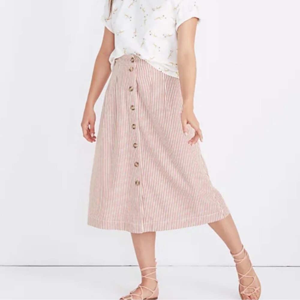Madewell Patio Button-Front Midi Skirt in Clay Stripe Size 0